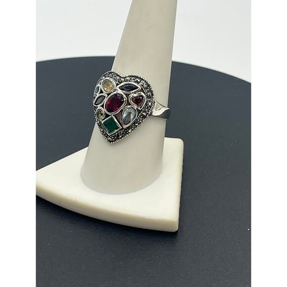 Sterling Silver Marcasite Multi-Gemstone Multi-Shaped Heart Noppakao Ring Sz 9.5 - Picture 3 of 9
